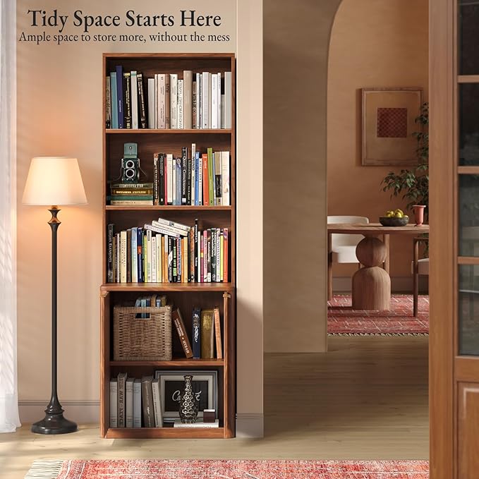 71" Walnut Bookcase with Doors, 5 Tier Fluted Tall Bookshelf with Storage, Librero with Cabinet for Home Office, Living Room,or Bedroom