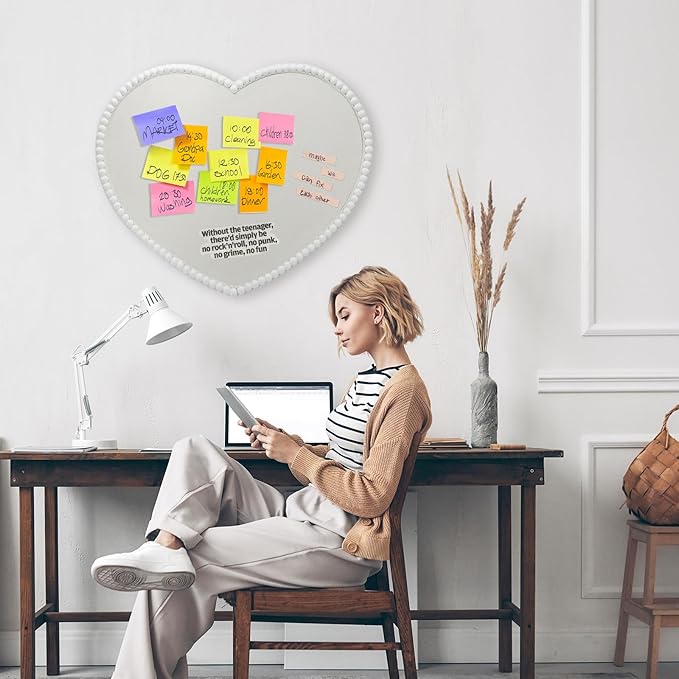 Large Heart-Shaped Linen Cork Bulletin Board with White Wood Frame, 24x19 Inch Decorative Memo & Photo Pin Board, Cute Vision Board for Home Office, Bedroom or Valentines Day Gifts Wall Decor