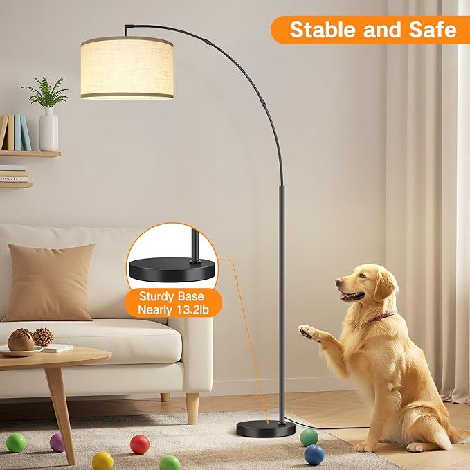 OUTON 81" Arc Floor Lamp, 12W 1080LM LED Dimmable Floor Lamp with 16" Beige Lampshade, Remote Control & Foot Switch, 4 Colour Temperatures, Tall Standing Lamp for Living Room Bedroom Office, Black