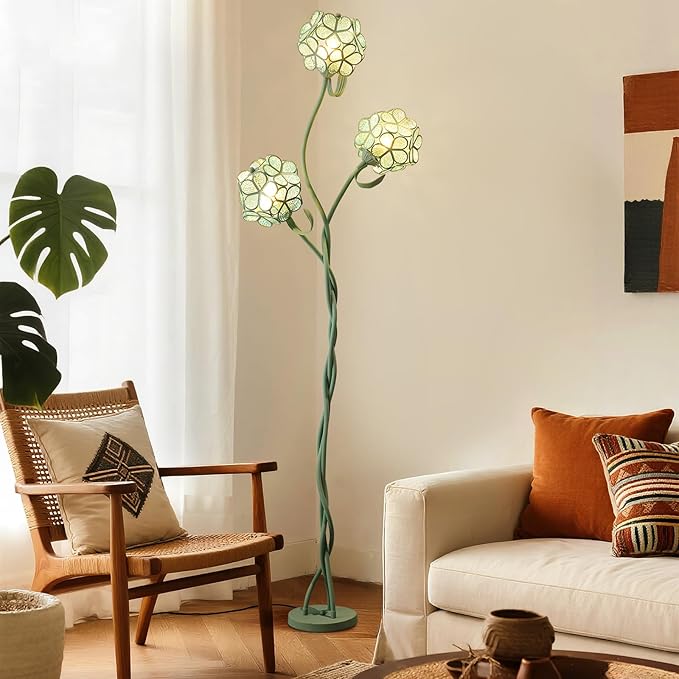 Vintage Tiffany Floral LED Floor Lamp for Living Room, Tall Green Standing Lamp with Adjustable Heads, Unique Flower Light for Bedroom, Artistic Standing Light for Girls Kids Nursery Room Decor
