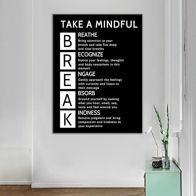 Inspirational Canvas Wall Art Office Poster Decor Motivational Take A Mindful Break Quotes Poster Print Positive Picture Artwork for Home Study Room Bedroom Yoga Room Ready to Hang [12''Wx18''H]