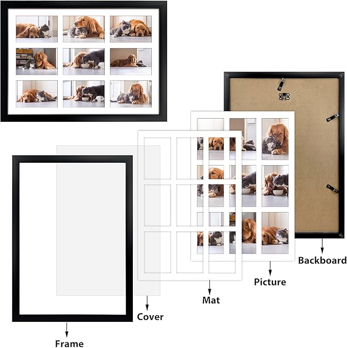 HORLIMER 9 Openings 4x6 Picture Frames Collage Set of 2, Black Multi Photo Frame for Wall Hanging, Horizontally or Vertically Display