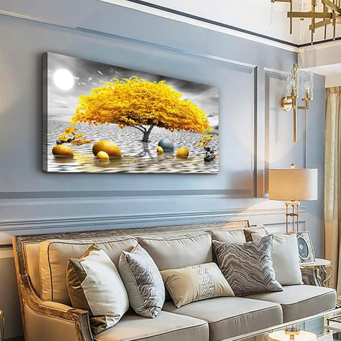 Wapluam Farmhouse Canvas Wall Art For Living Room & Office - Large Wall Decor - Black & White Wall Painting - Yellow Tree View - Framed Prints - 30"X60"