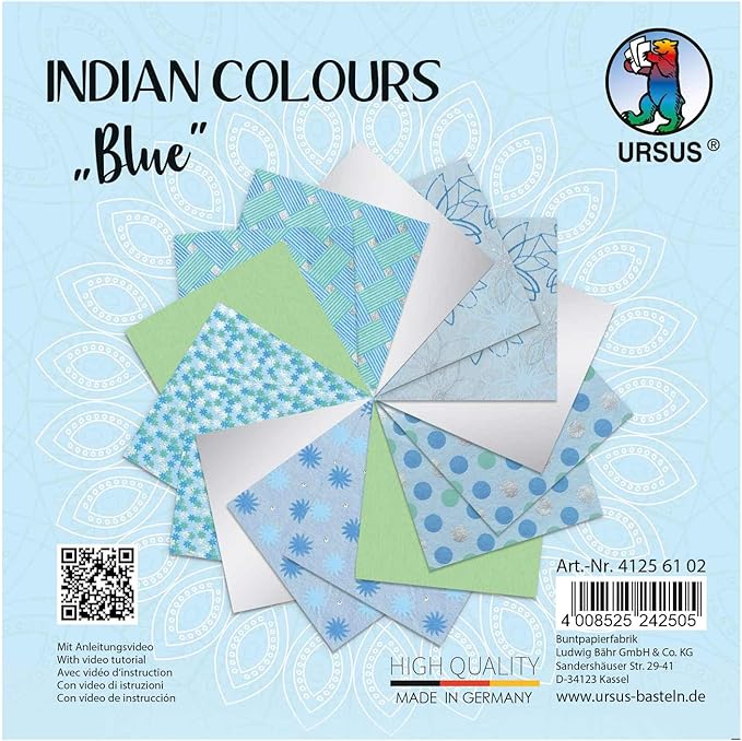 Ursus Indian Colours Blue, 41256102 with 10 Natural Paper and 5 Sheets of Coloured Drawing Paper, Printed on One Side, Metal Effect and Glitter