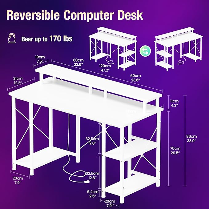 DUMOS Gaming Desk 48 inch Computer Office Desks with LED Lights Power Outlets, Monitor Stand Storage Shelves, Ergonomic White Office Table for Home Gaming Station