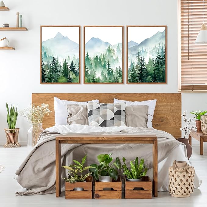 CHDITB Mountain Landscape Framed Canvas Wall Art(16"x24"), 3 Panels Boho Nature Forest Artwork Prints, Large Abstract Modern Green Pine Trees Art Decor for Bedroom Living Room Office