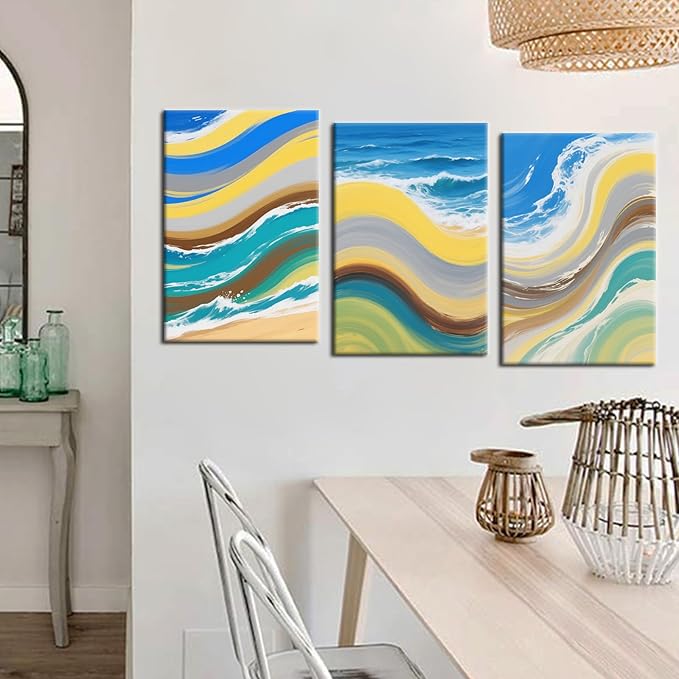 Ocean Graffiti Canvas Wall Art Abstract Waves Poster Print Colorful Sandy Beaches Picture Painting for Office Home Office Parlour Living Room Decoration Stretched and Framed [48''Wx24''H]
