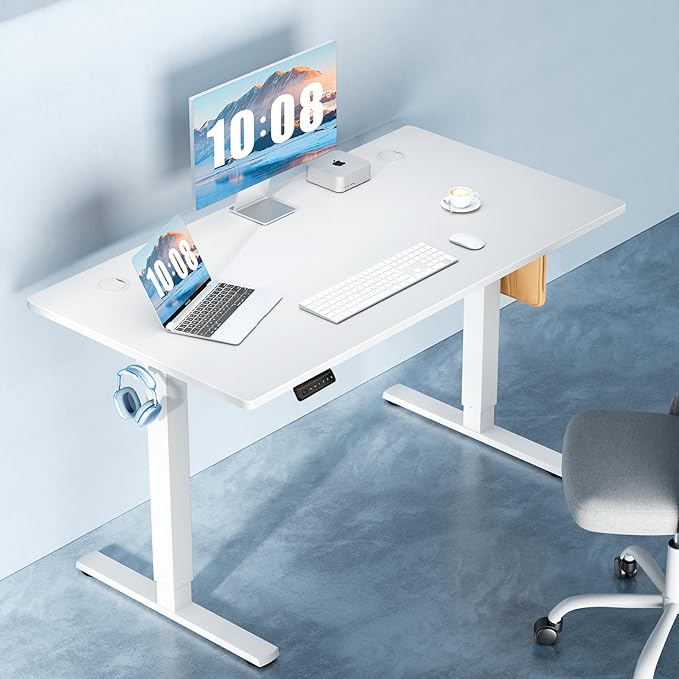 DUMOS 48 Inch Electric Standing Desk Height Adjustable, Sit to Stand Up Computer Workstations Work PC Table Home Office Study Writing Gaming Desks with Memory Presets for Walking Pad, Bedroom, White
