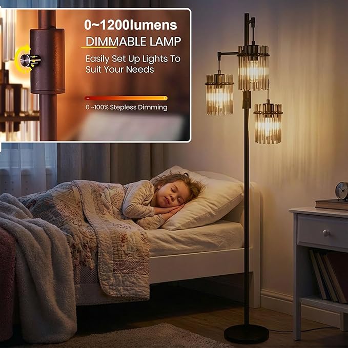 Industrial Modern Floor Lamps for Living Room, Dimmable Glass Tree Standing Tall Lamps with 3 Elegant Teardrop Cage Head & 1200 Lumens LED Bulbs for Bedroom Office (66inch Tall)