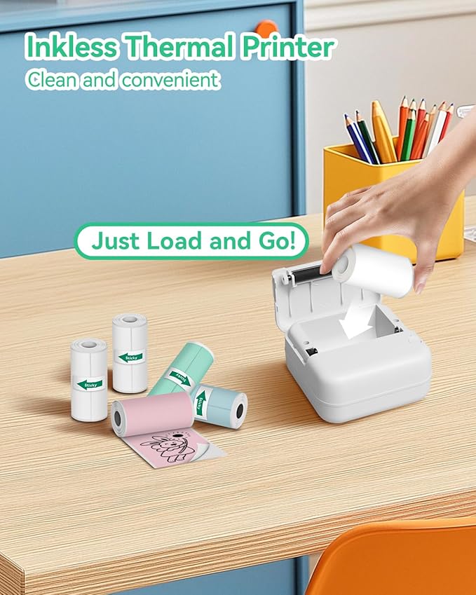 Aptika Mini Printer - Portable Sticker Maker with 14 Rolls Sticky Thermal Papers, Inkless Label Maker Machine for Study Anatomy Graphics Photos Address, Green
