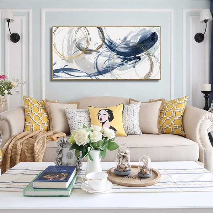 Framed Wall Art Abstract Art Paintings Blue Fantasy Colorful Graffiti on White Background 24inchx48inch Modern Artwork wall Decor for Living Room Bedroom Kitchen