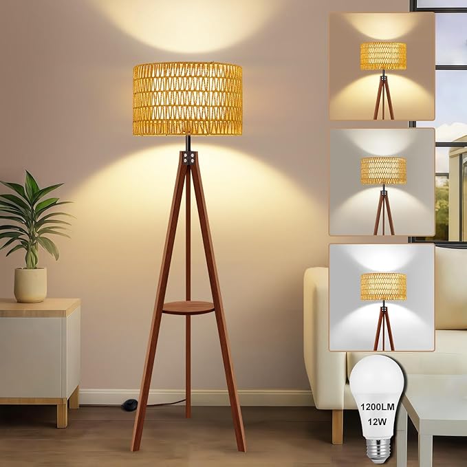 Boho Rattan Floor Lamp with Shelf & Bulb Included, Wicker Tripod Floor Lamp 3 Color Temperatures, Wood Rustic Tall Lamps with Foot Switch, Walnut Boho Standing Lamps for Living Room Bedroom