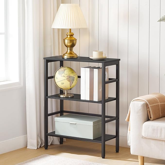 HOOBRO 3 Tier Bookshelf, Industrial Bookcase, Record Storage Rack with Side Fence, Wood Storage Shelf with Metal Frame, Rustic Open Display Shelf for Living Room, Bedroom, Black BB86CJ01G1