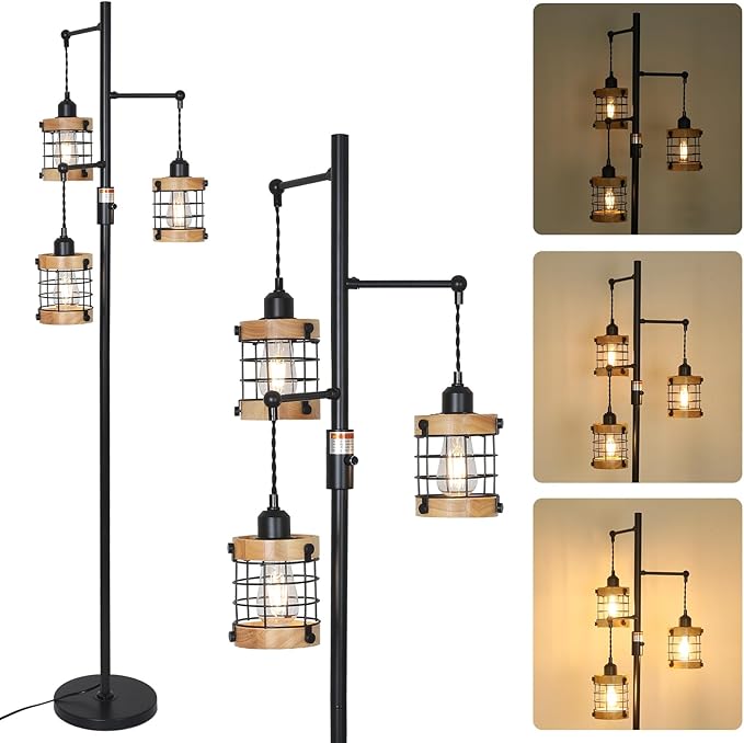 Airposta Vintage Wood Floor Lamp for Bedroom, Dimmable Floor Lamps for Living Room, Industrial Standing Lamp Farmhouse Tall Lamp for Office Home, Rustic Corner Floor Lamp Metal Black Pole Lamp
