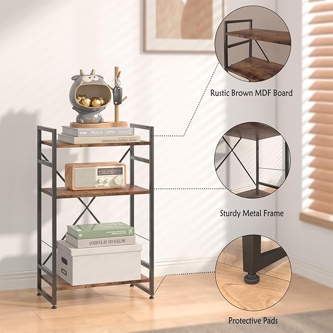Bookshelf Organizer,3 Tiers Rustic Brown Small Bookcase for Small Space,Industrial Wooden Storage Bookcase Display Rack and Storage Organizer for Living Room and Home Office