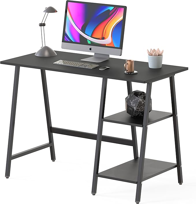 SHW 43-Inch Home Office Trestle Computer Desk with Open Storage Shelves, Black