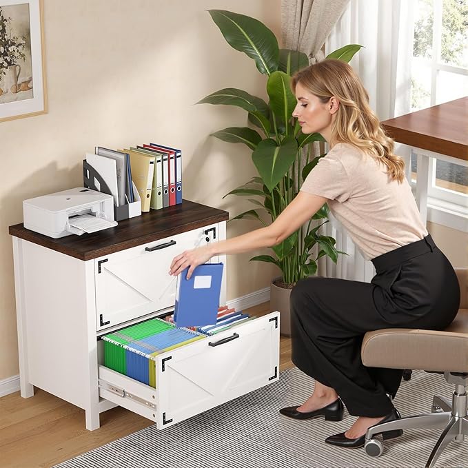 2 Drawer File Cabinet with Lock, Wood Filing Cabinets for Home Office, Office Storage Cabinet for Hanging Files Letter/Legal/F4/A4 Size, White