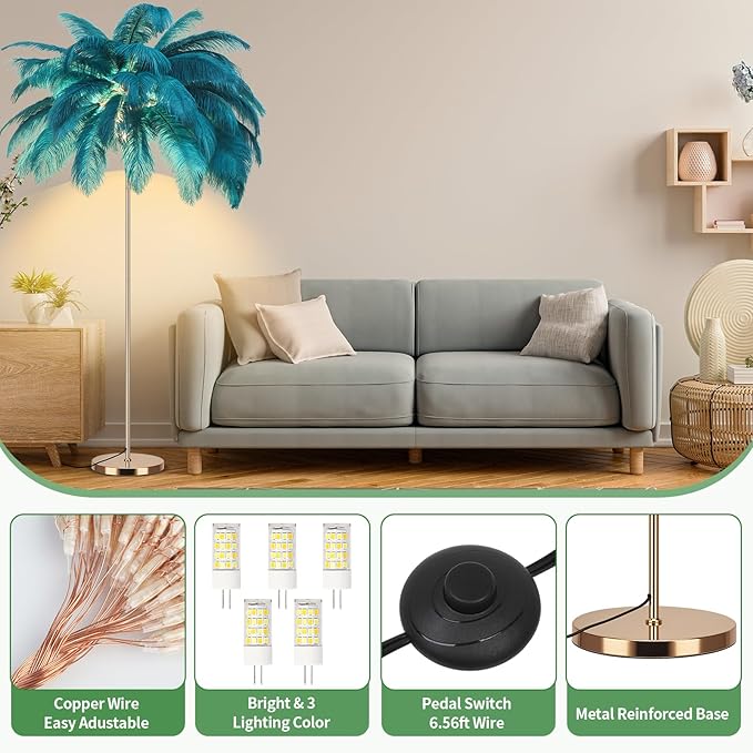 Feather Floor Lamp for Living Room, Fluffy Ostrich Feathers Lamp, Rose Gold Color Body, 3 Color Temperatures Modern Funky Arc Tall Standing Lamp for Bedroom Inclued Bright LED Bulbs (Blue)