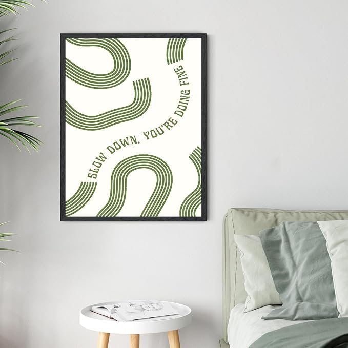 Slow Down You’re Doing Fine Wall Art Retro Minimalist Motivational Quote Music Poster Inspirational Midcentury Song Lyrics Sage Green Canvas Prints for Bedroom Home Decor 24x36inch Black Framed