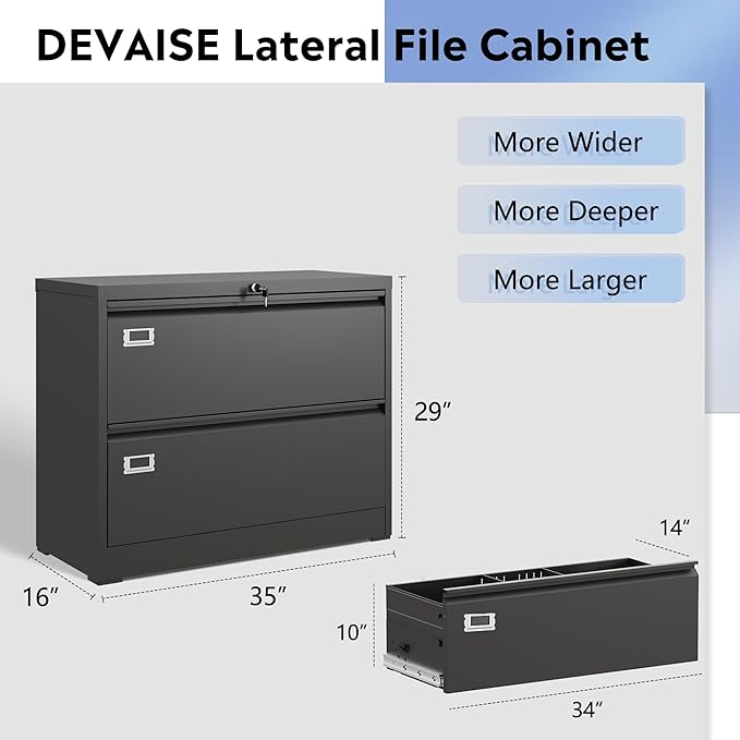 DEVAISE Metal Lateral File Cabinet, 2 Drawer Filing Cabinet with Lock for Letter/Legal/F4/A4 Hanging Files, Storage Cabinet for Home Office, Assembly Require, Black