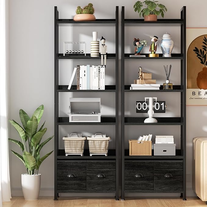 Furologee 6-Tier Bookshelf Set of 2, Tall Bookcase with 2 Drawers and Shelves, Industrial Display Free Standing Shelf Units, Storage Rack Organizer for Bedroom, Living Room, Home Office, Black Oak