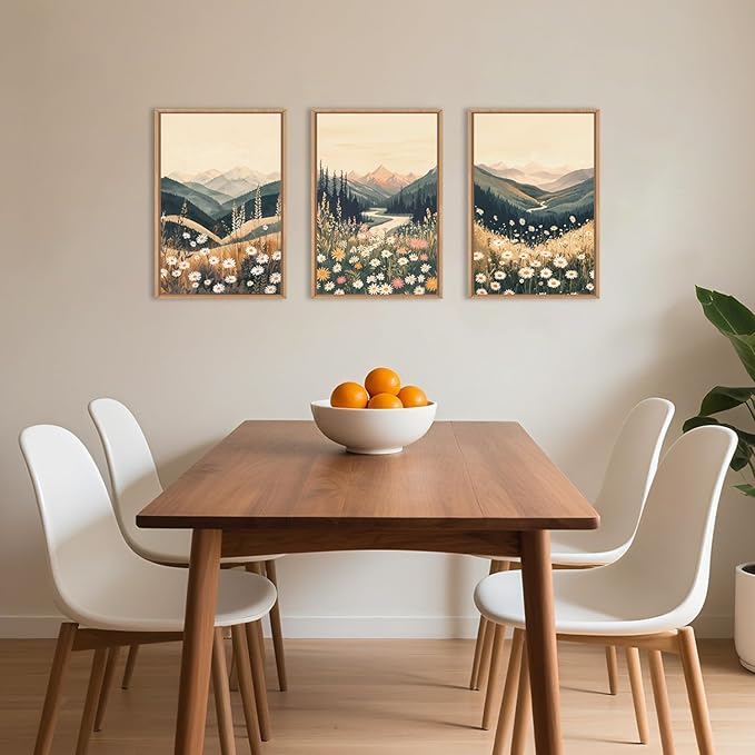 Large Boho Wildflower Framed Canvas Wall Art,Vintage Mountain Wall Decor,Nature Floral Prints,Rustic Daisy Landscape Artwork for Living Room,Bedroom,Dining Room -24"x36"x3