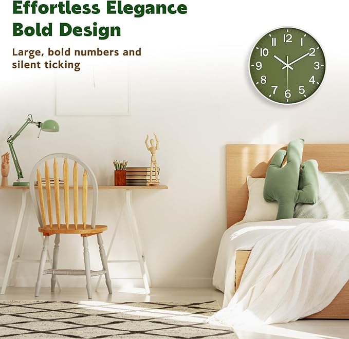 Wall Clock, Battery Operated, Modern Minimalist Design for Living Room, Office, Kitchen, Bedroom, and Bathroom – Quiet, Stylish, and Perfect for Any Room (Olive Green, 14 Inch)