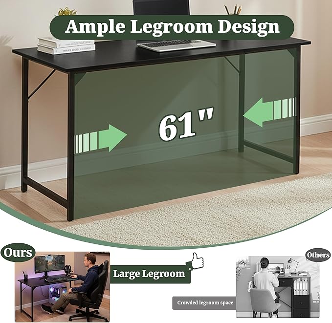 Computer Desk 63 Inch, Simple Large Home Office Desk Study Writing Table, Sturdy Metal Frame, Scratch-Resistant MDF Desktop for Bedroom Dorm Workspace, Black