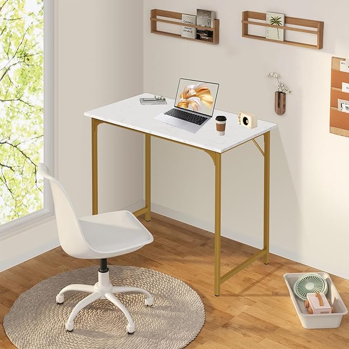 Computer Desk, 32 Inch Office Desk with Metal Frame, Home Office Desk, Modern Simple Style for Small Space Home Office, Living Room, Bedroom, White Gold