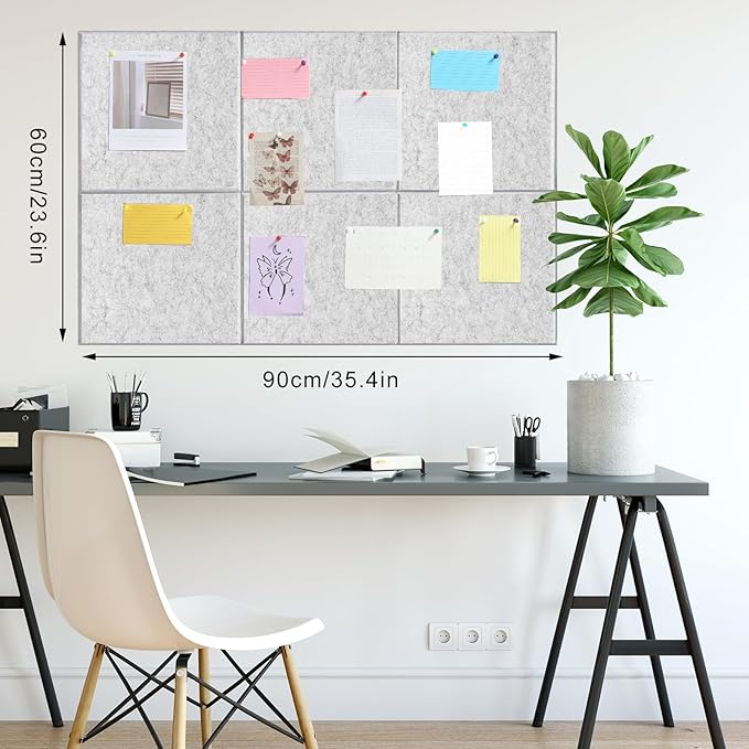 Large Cork Board 36" x 24", 6 Pack Felt Bulletin Board with 30 Pushpins, Cork Boards Alternative with Self-Adhesive Strips, Felt Wall Tiles Pin Boards for Walls Office Home School Decor-Light Gray