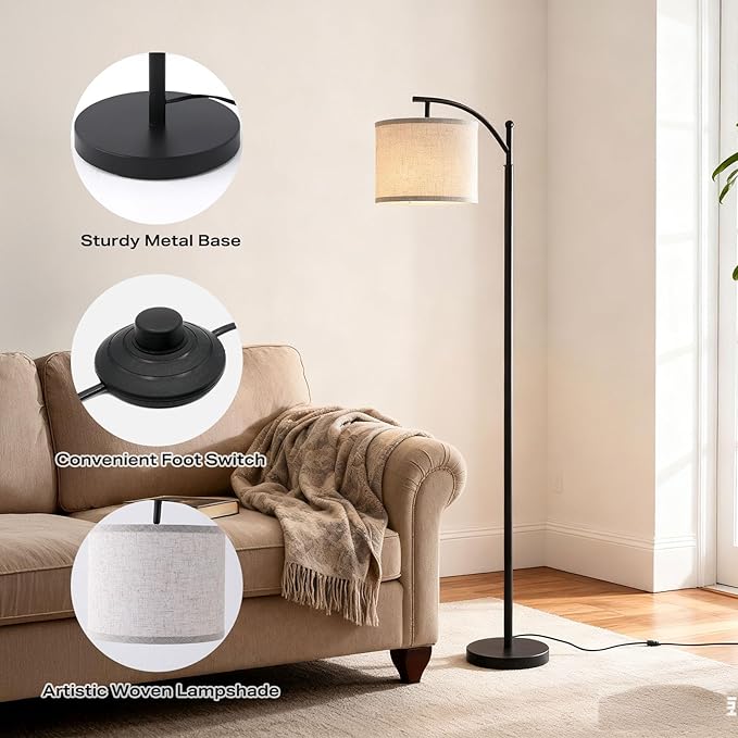 Arc Floor Lamp with 3 Color Temperatures, 9W LED Remote-Controlled Light, Tall lamp with Foot Switch and Timer Function, Modern Standing Lamp for Living Room, Bedroom, Office Reading, Black