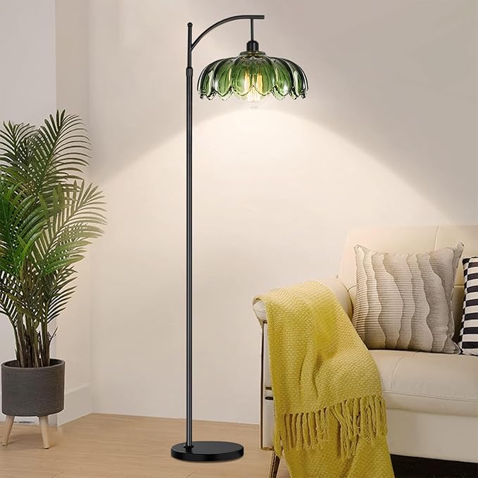 Gold Floor Lamp for Living Room,Bedroom,Standing Lamp with Remote Dimmable Brass Tall Lamp Vintage Retro Mid Century Modern Floor Lamps Arc Green Glass Flower Lamp Floor Light Boho Bohemian