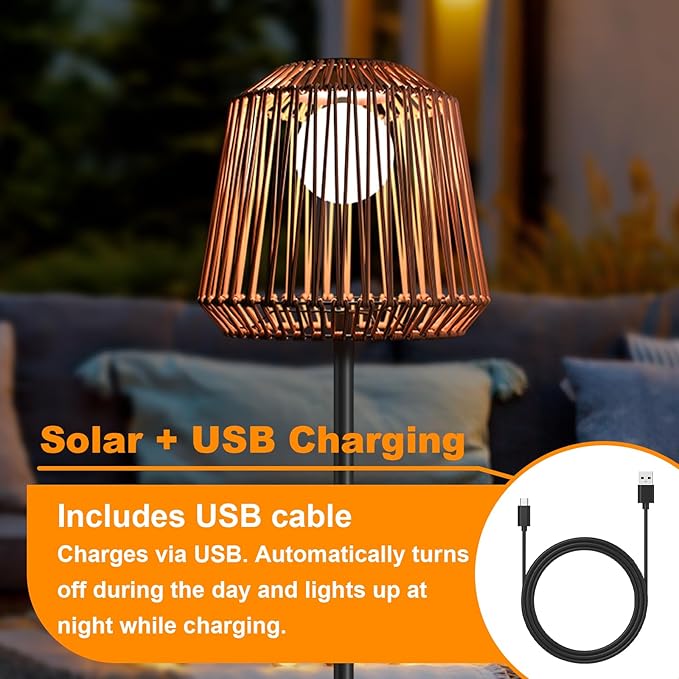 Outdoor Solar Floor Lamp, Garden Rattan Wicker Light, Metal Pole and Base, Waterproof Yard Garden Wedding Home Decor Light