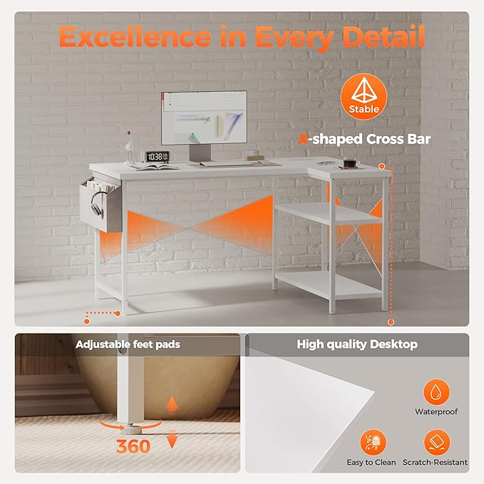 Mericonia Small L Shaped Computer Desk with Power Outlets, Reversible Gaming Desk with Storage Shelves, Corner Gamer Desk Table, Study Writing Table