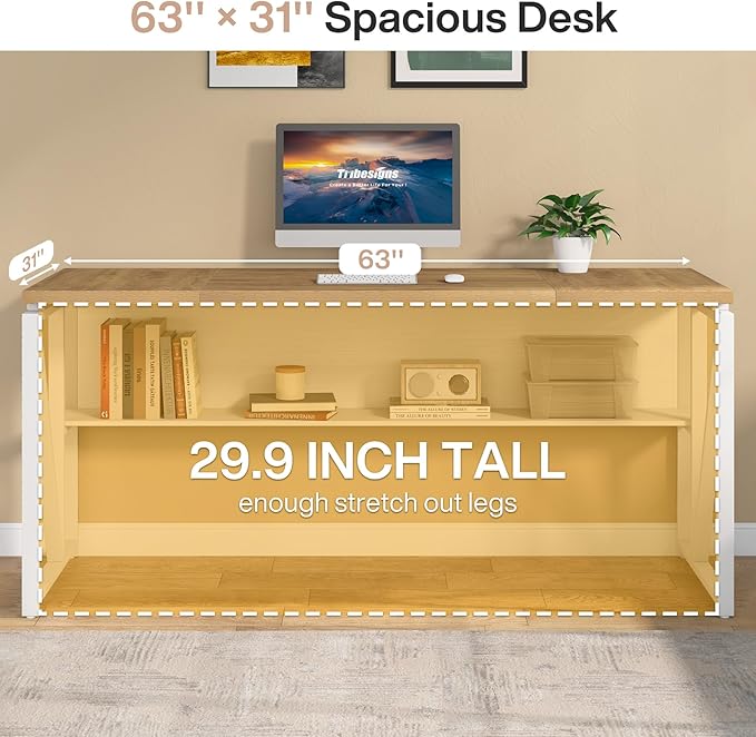Tribesigns 63 inches Computer Desk with Bottom Storage Shelf Home Office Desk Writing Table for Workstation, Dark Walnut + Steel Leg, Cabinet not Included (Light Oak, 63-inch-with Shelf)