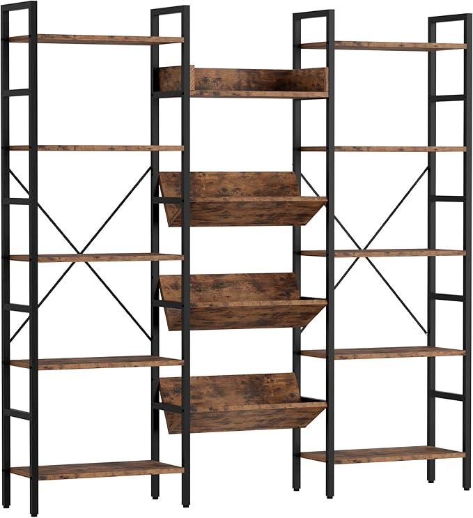 IRONCK Bookshelf, Bookshelves and Bookcases, Triple Wide 5 Tiers Book Shelf with Baffles, Industrial Bookshelf with Metal Frame for Living Room, Home Office