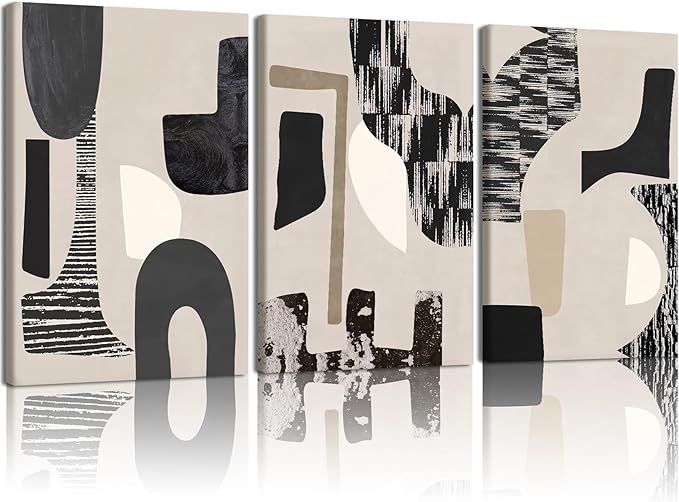 NCCXNCC 3Pcs Black and Beige Abstract Canvas Wall Art Bohemian Living Room Wall Decor Paintings Modern Geometric Posters Print Neutral Minimalist Artwork Pictures Bedroom Office Decor 16x24 Inch