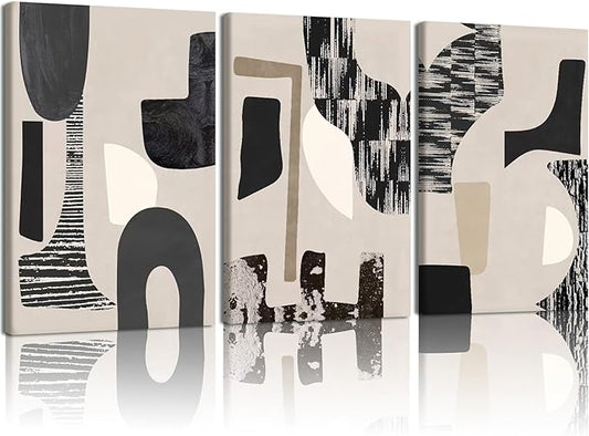 NCCXNCC 3Pcs Black and Beige Abstract Canvas Wall Art Bohemian Living Room Wall Decor Paintings Modern Geometric Posters Print Neutral Minimalist Artwork Pictures Bedroom Office Decor 16x24 Inch