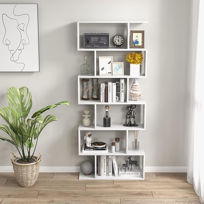 Tangkula 6-Tier Geometric Bookcase, Modern S-Shaped Storage Display Bookshelf for Living Room, Anti-Toppling Device, Home Office Wooden 6 Shelf Open Bookcase (1, White)
