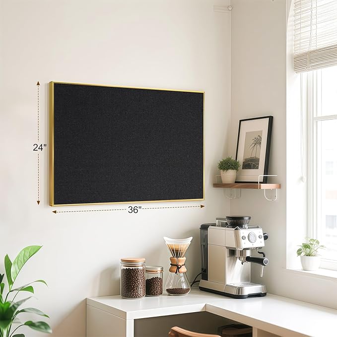 Black Bulletin Board with Linen, 36"x24", Cork Boards for Walls with Gold Aluminum Frame, Hanging Pin Board Vision Board for Home Office Kitchen Room Decor, 10 Push Pins