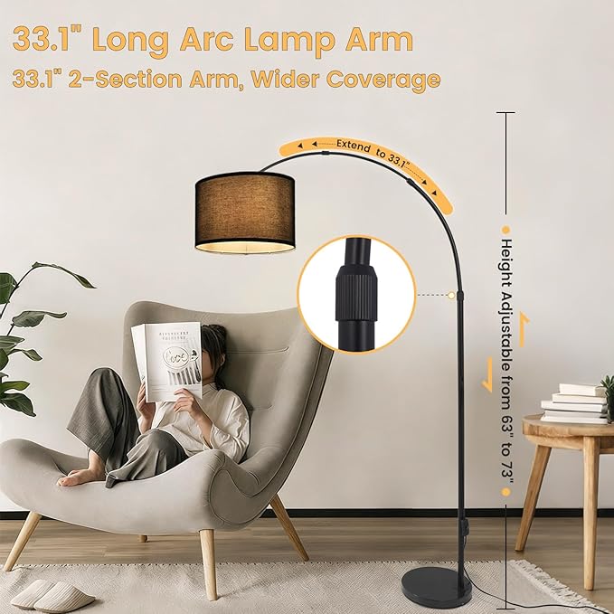 Black Arc Floor Lamp, Modern Standing Floor Lamp with Adjustable Head & Fabric Drum Shade, Over Couch Reading Light for Living Room, Bedroom, Office, Study Room