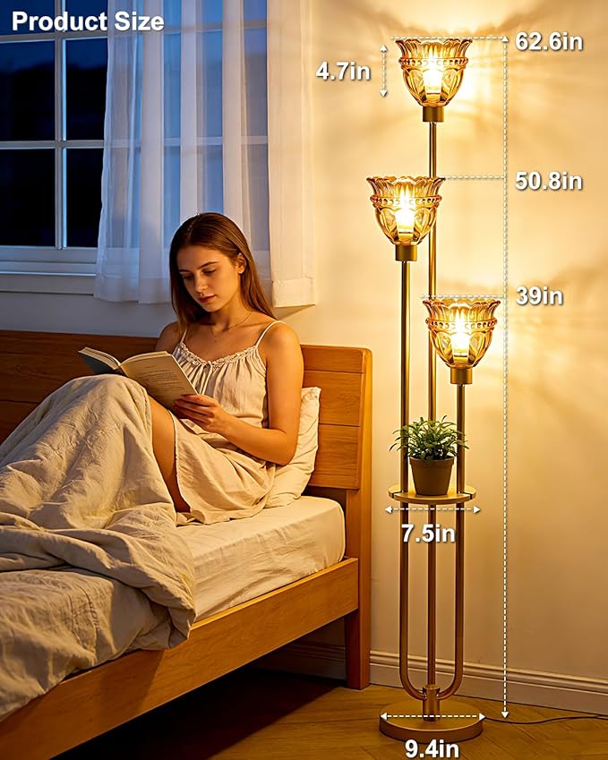 Lightdot 3-Lights Glass Floor Lamp for Living Room Mid Century Modern Gold Floor Lamp with Amber Glass Shade & 3000K Bulbs Included Tall Standing Lamp for Bedroom/Sofa Beside/Corner Decor