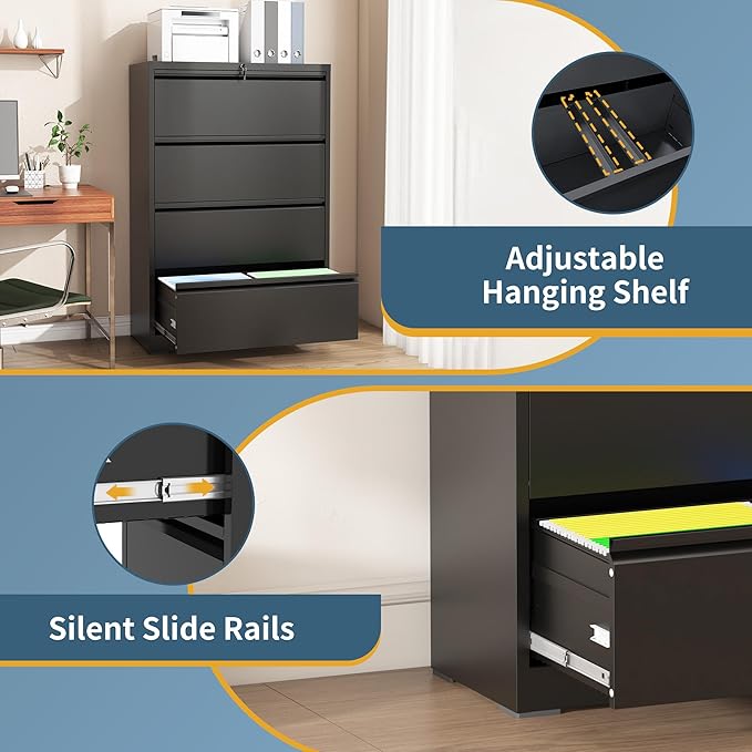 4 Drawer File Cabinet with Lock, Lateral Filing Cabinets,Metal Storage Filing Cabinets for Home Office, Heavy Duty File Cabinet for Letter/Legal/A4/F4 Size Amsseble Required, Black