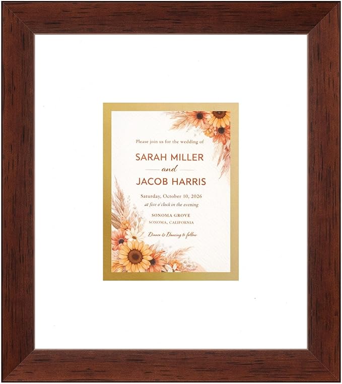 Poster Palooza Wedding Invitation Picture Frame 10x11.25 in Brown With White and Metallic Gold Double Mat for 4.25x5.5 A2 Keepsake | USA Made