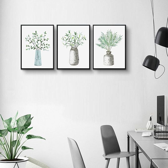 AHUASJART Large Size Wall Art For Living Room Black Framed Canvas Wall Decor For Bedroom Wall Painting For Kitchen Dining Room Modern Office Decoration Green Leaf Vase Wall Pictures Home Walls Art
