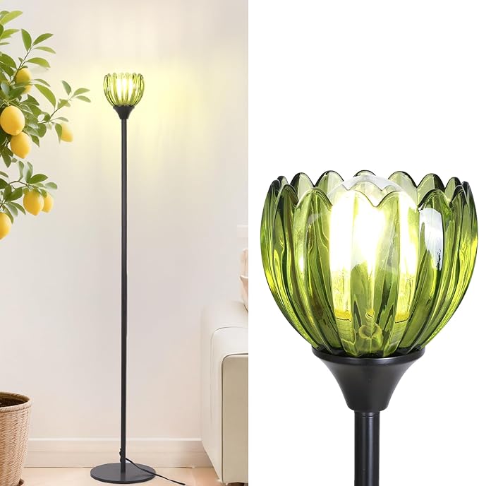 Floor Lamps for Living Room, Bedroom, Black Standing Lamp with 12W Bulb, Vintage Floor Lamp for Reading, Nursery, Corner (Green Tulip)