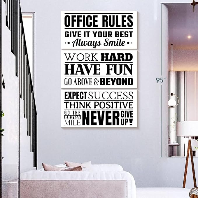 Elephant Stock - Fun Office Rules Wall Art - Vertical Multi Panel Canvas - 3 Piece Living Room Wall Decor - Digital Art Inspirational And Typography Multi Piece Wall Art - White And Black Decor - 48" x 74"