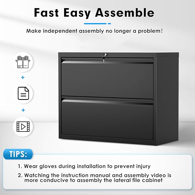 Pataku Lateral File Cabinet, 2 Drawer File Cabinet with Lock, Black Filing Cabinets for Home Office, Metal File Cabinet for Hanging Files/Letters/Legal/F4/A4