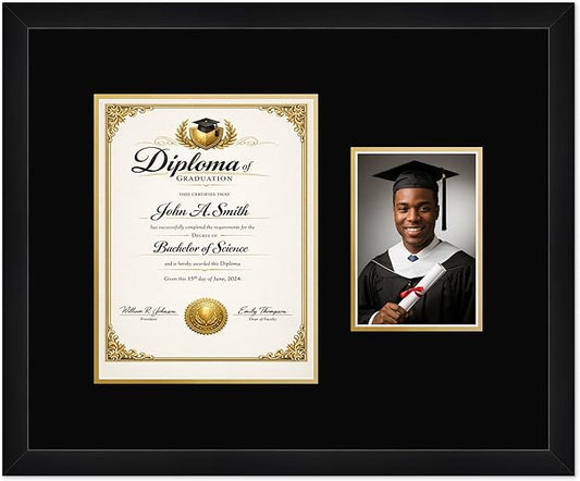 CountryArtHouse Fits 8.5 x 11 Certificate (Portrait) and 5 x 7 Photo Diploma and Photo Frame Matte Black Genuine Hardwood with Black Over Metallic Gold Double mat