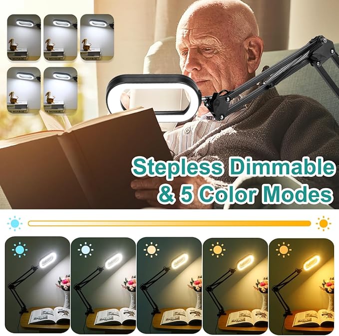 10X Magnifying Glass with Light, Rectangle Real Glass, 5 Color Modes Stepless Dimmable Magnifier with Stand, LED Lighted Clamp Desk Lamp with Swing Arm, Hands Free for Reading Crafts Close Work